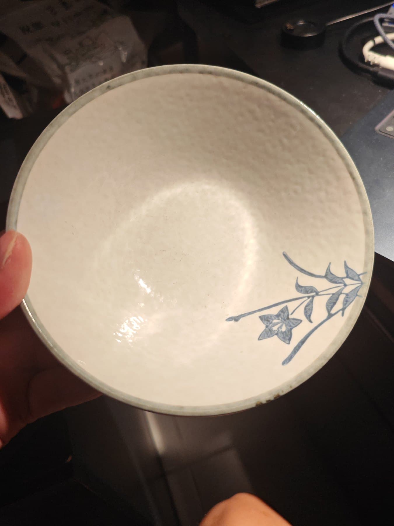 Japanese-Style Ribbed White-Glazed Bowl with Cobalt Botanical Interior